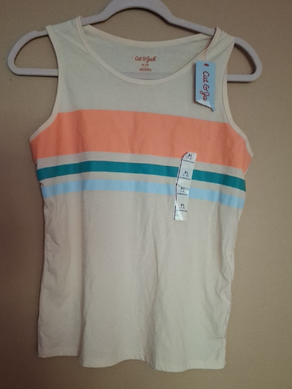 Cat & Jack Cream Tank with Coral and Teal Stripe Bands